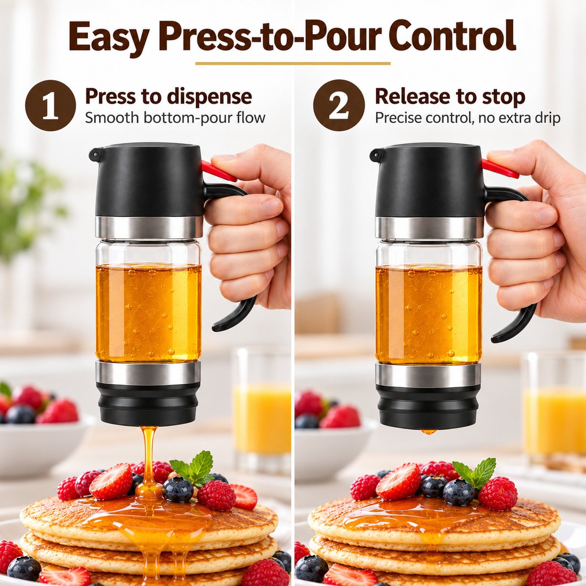 🍯 No-Drip Press-to-Pour Glass Honey Dispenser