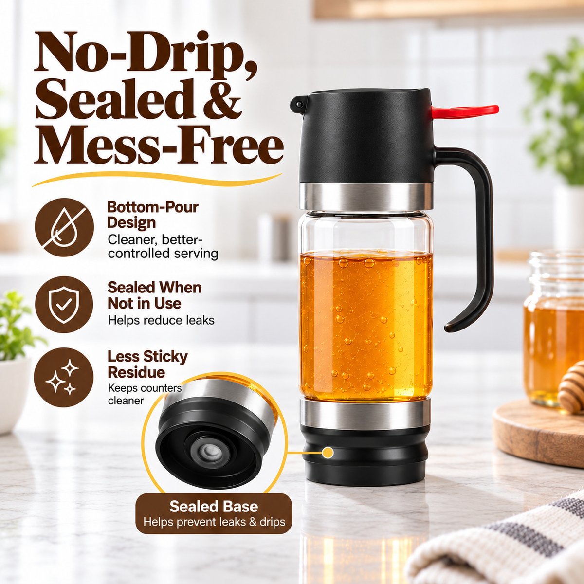 🍯 No-Drip Press-to-Pour Glass Honey Dispenser