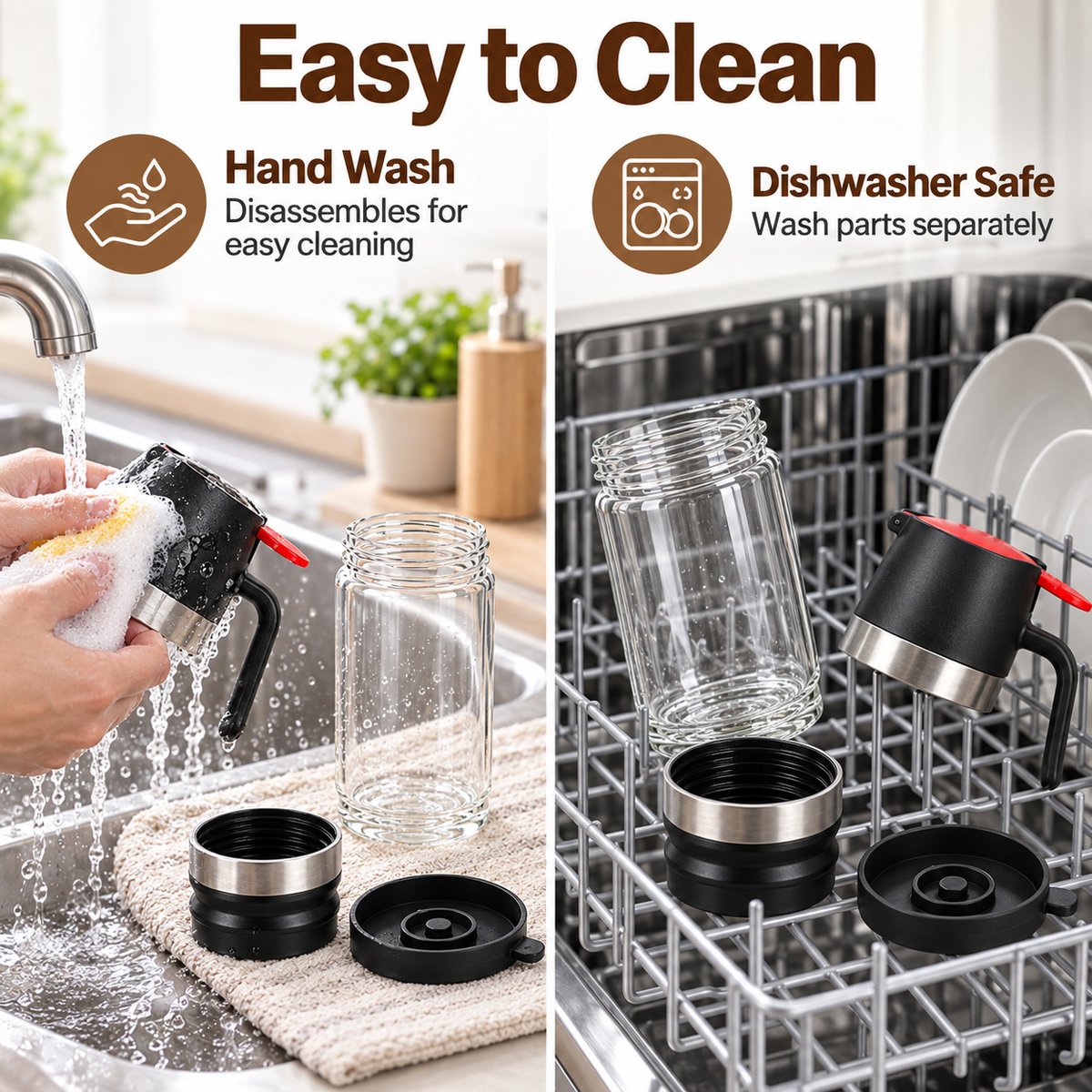 Honey dispenser disassembled for hand washing and dishwasher cleaning