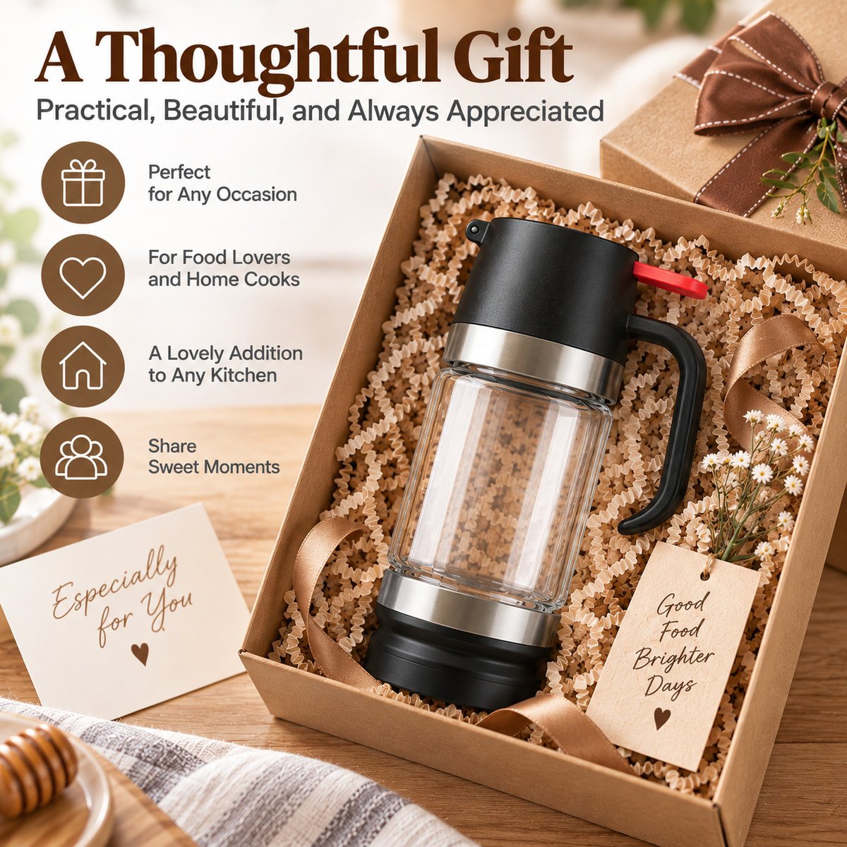🍯 No-Drip Press-to-Pour Glass Honey Dispenser