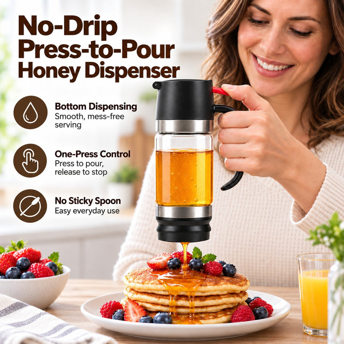 🍯 No-Drip Press-to-Pour Glass Honey Dispenser