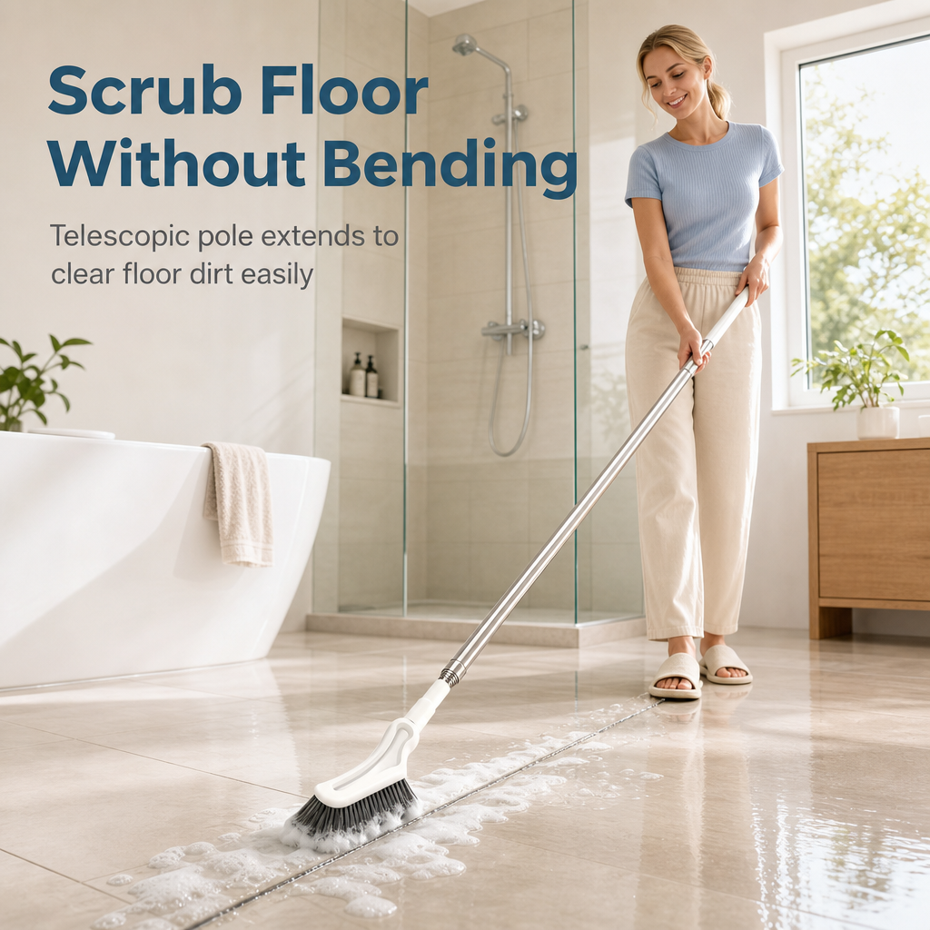 Person cleaning floor with long telescopic crevice brush while standing
