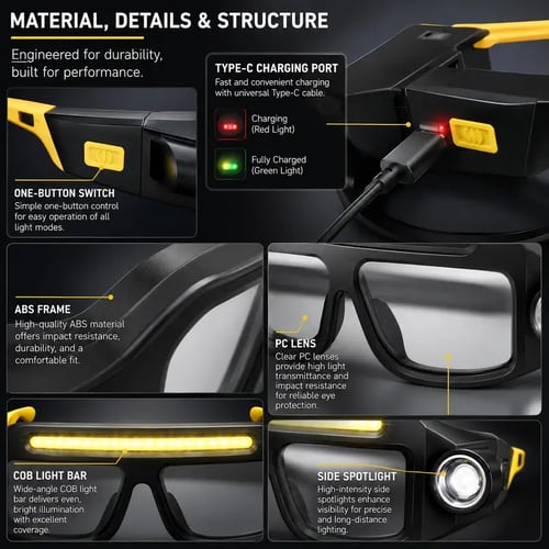Rechargeable LED Headlamp Glasses – Hands-Free Light with Wave Control