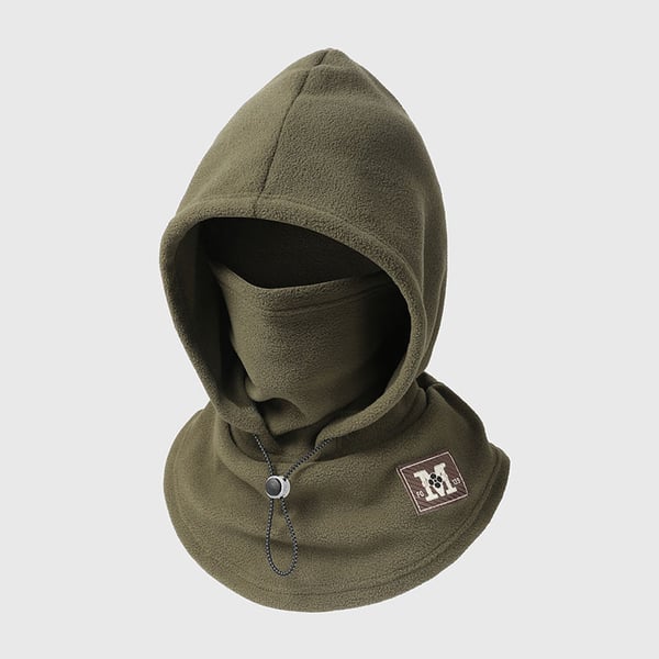 Green one-piece winter mask hat with soft fleece hood, integrated face cover, extended neck warmer and adjustable drawstring