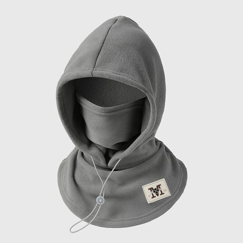 Grey polyester fleece winter hood with neck coverage and adjustable cord