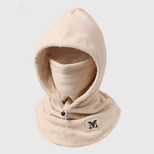 Beige winter fleece hood showing wide extended neck coverage and shoulder area