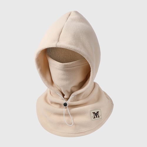 Beige one-piece winter hood showing its integrated fleece face mask, head coverage and extended neck section