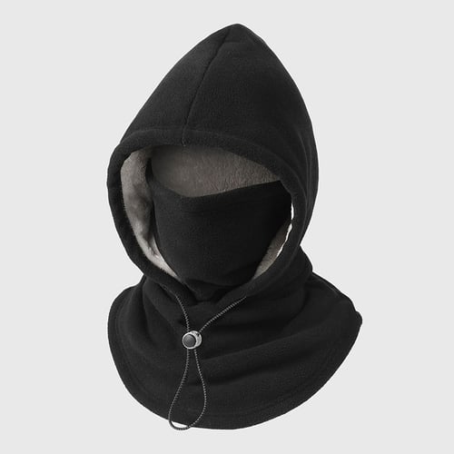 Black fleece winter hood with integrated face covering pulled up over nose and mouth