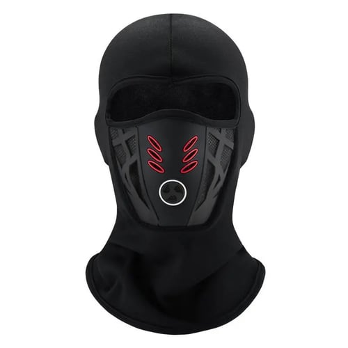 Red style winter balaclava featuring black fabric and red-accented ventilated face panel