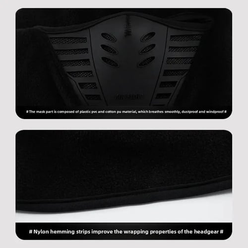 Detailed construction photos showing the molded ventilated balaclava mouth panel and finished fabric edging