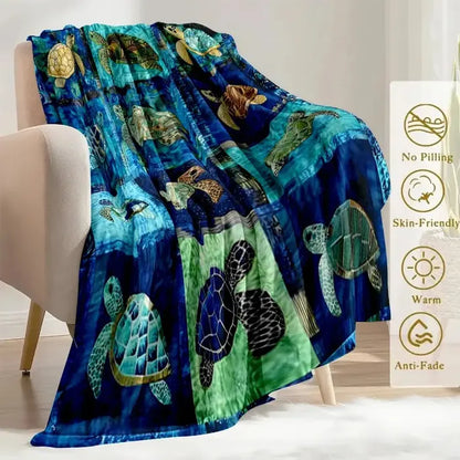 🌊 Sea Turtle Throw Blanket, Ocean Mosaic Patchwork Soft Cover