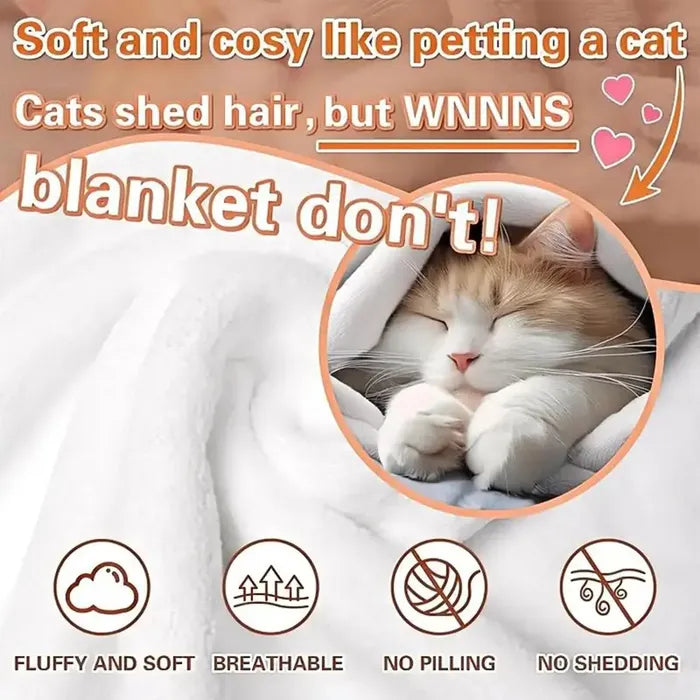 Soft flannel blanket promotional close-up comparing its cozy fluffy texture with a resting cat