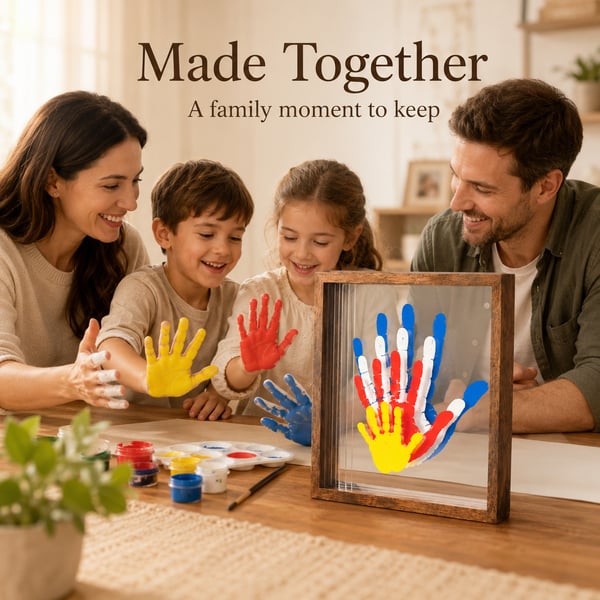 Family creating a layered handprint keepsake together with parents and children painting their hands beside a wooden transparent handprint frame