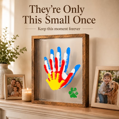 Rustic wooden frame displaying layered blue, red, white and yellow family handprints with a small green paw print beside family photographs