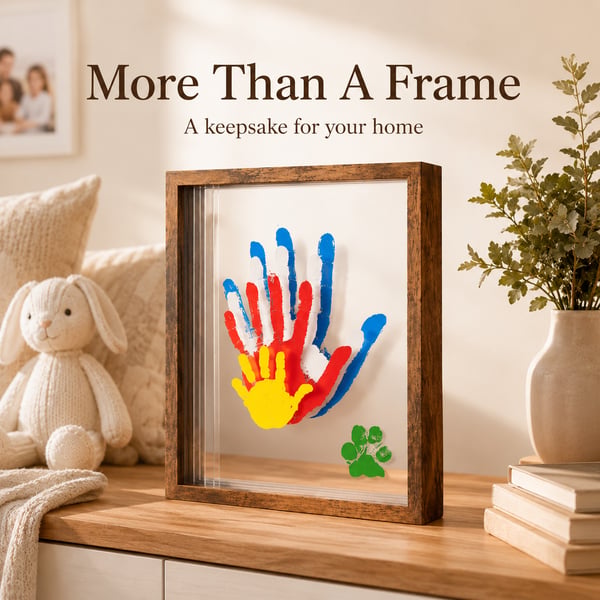 Rustic wooden transparent handprint frame displayed on a home console table with colorful layered family prints, flowers and a plush bunny