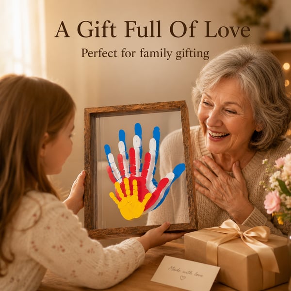 Grandmother smiling as her grandchild gives her a personalized wooden family handprint frame beside a wrapped present