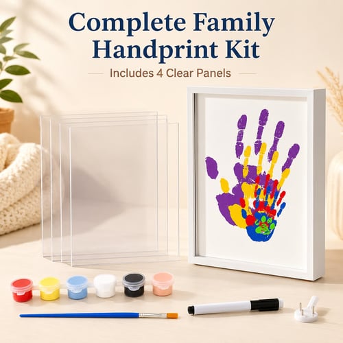 Complete family handprint frame kit showing four transparent acrylic panels, colorful paint pots, a brush, marker and assembled white handprint frame