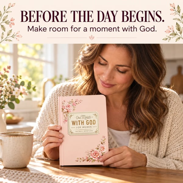 Woman enjoying a quiet morning moment with One Minute with God for Women