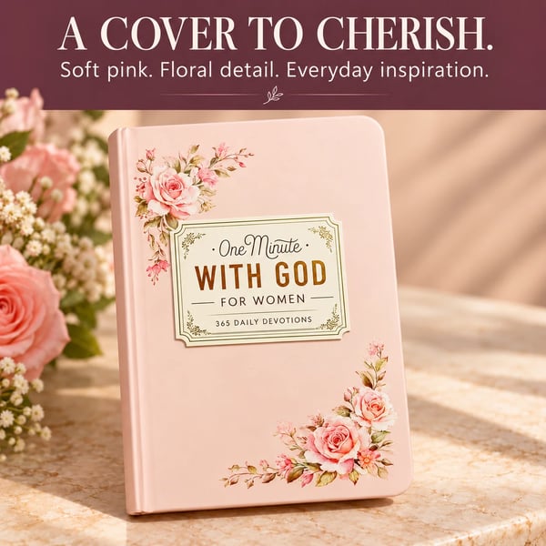 Close view of the devotional's soft pink rose-patterned cover