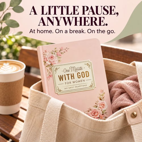 Pink devotional book tucked into a canvas tote