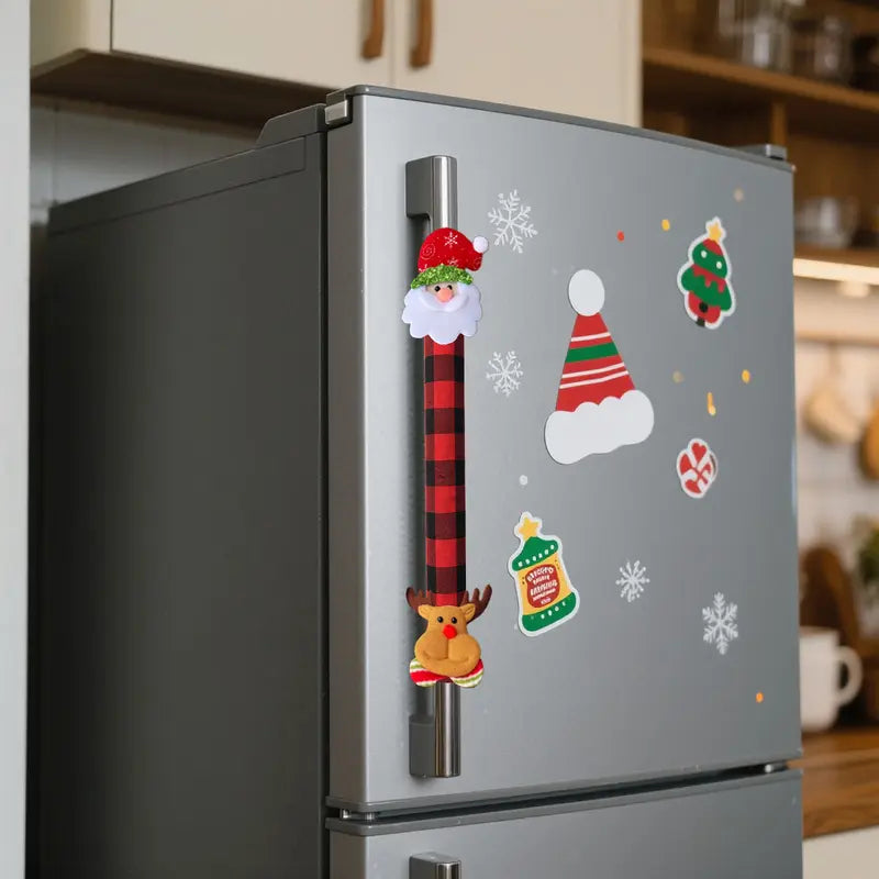 A Christmas plaid handle cover displayed on a refrigerator in a home kitchen