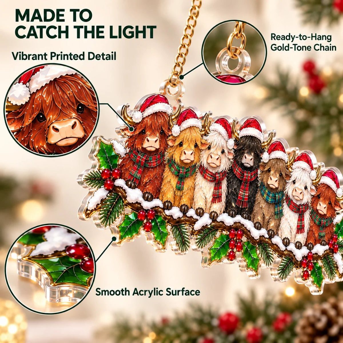 Close-up detail of printed acrylic Christmas hanging with smooth surface and gold-tone hanging chain
