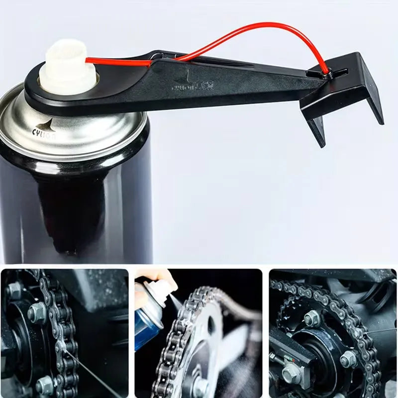 Motorcycle chain oiling tool fitted to aerosol can