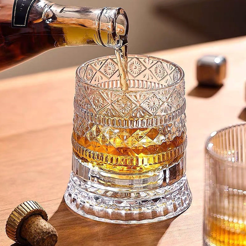 ✨ 360° Rotating Textured Glass Tumbler – Spin, Shine & Enjoy Every Drink