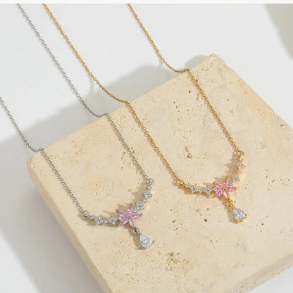 Soft Sparkle Floral Collarbone Necklace – Elegant Titanium Steel Jewelry for Everyday Outfits ✨
