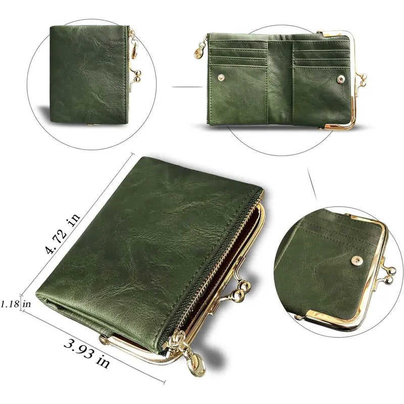 Dimensions and storage layout of vintage compact bifold wallet showing approximately 4.72 inch height and 3.93 inch width
