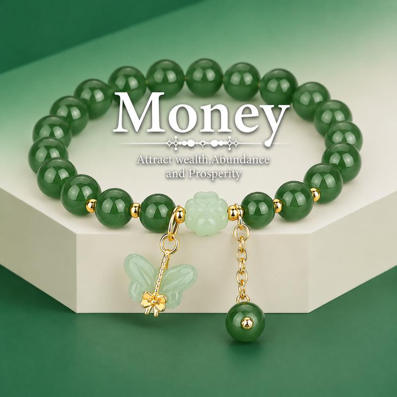 Model A green beaded bracelet with pale green butterfly charm