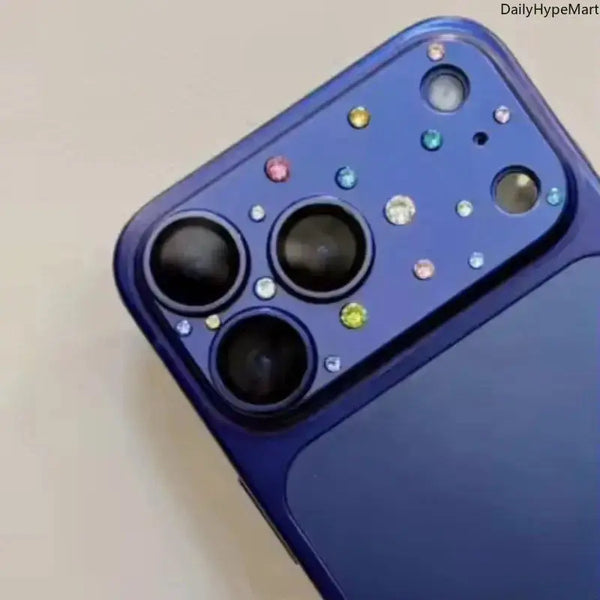 Blue iPhone camera lens casing with shiny multicolored rhinestones