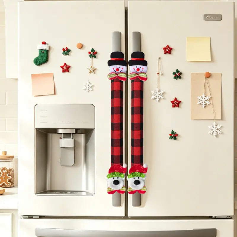 Christmas plaid covers with snowman and winter bear characters decorating refrigerator handles