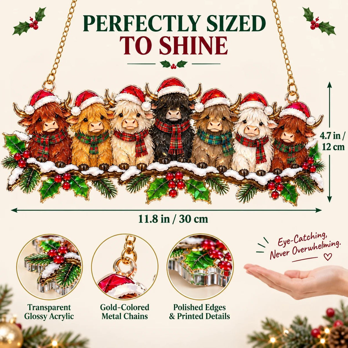 Highland Cow Christmas hanging shown at approximately 30 by 12 centimeters
