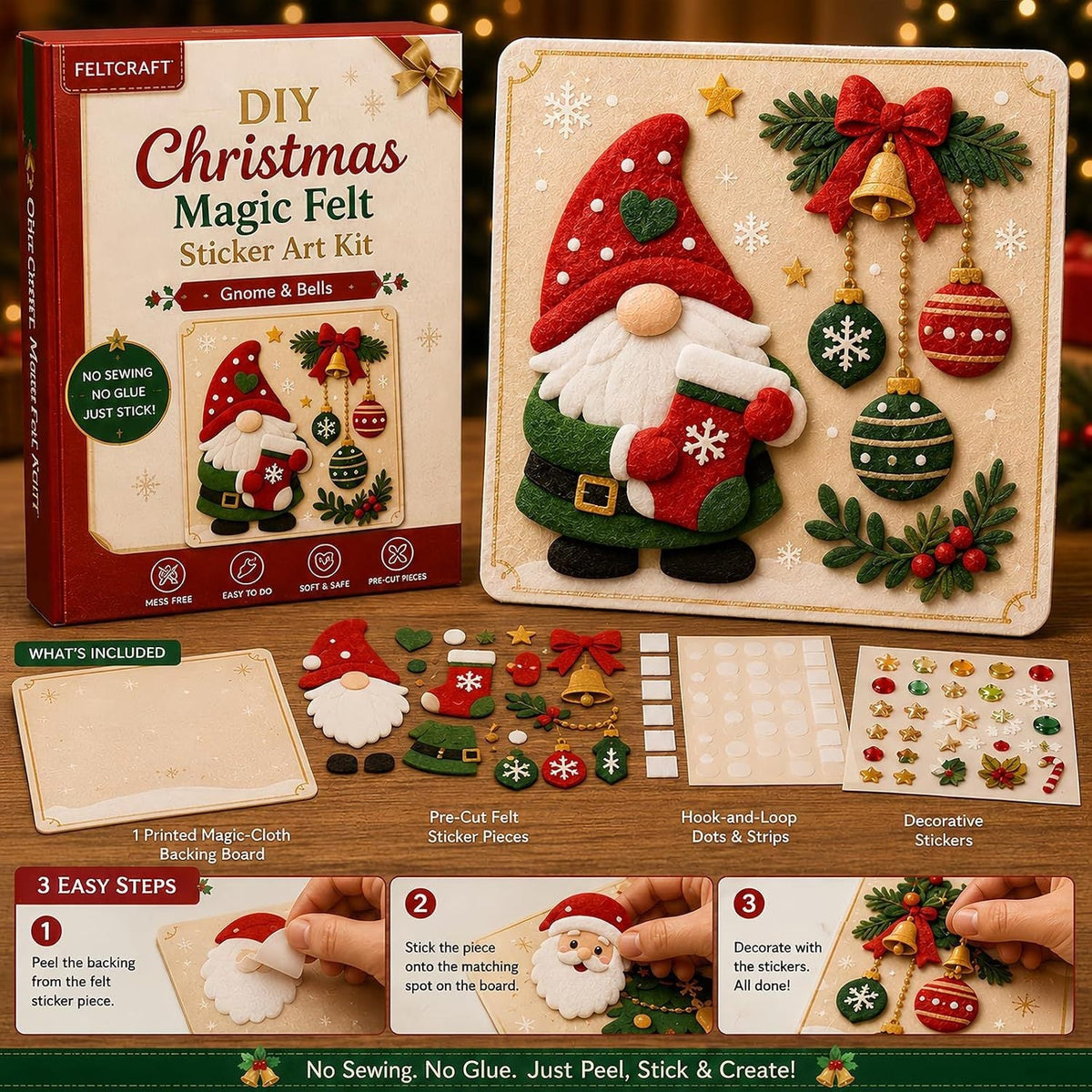 Christmas gnome and bells felt sticker art kit