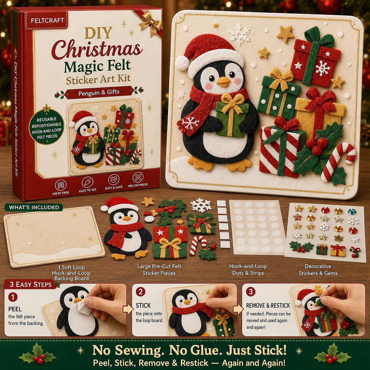 Penguin Christmas felt kit with removable and restickable felt pieces